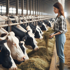 Healthy dairy cows feeding on fodder standing in row of stables in cattle farm barn with worker adding food for animals in blurred background.Cow with livestock tag at cattle farm. cattle farm. cattle
