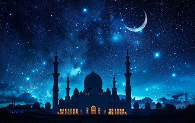 Moon Illuminates Ancient Mosque Under Starry Night - obrazy, fototapety, plakaty