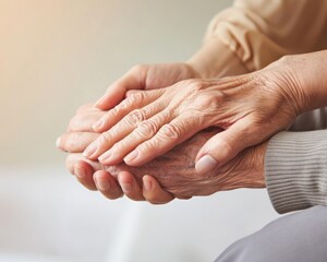 Mature wife or carer holds aged husband or patient hands expressing deep care and support, age acceptance image