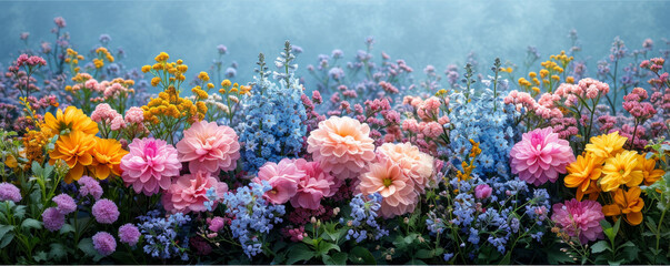 Spring floral background with colorful flowers in bright pastel colors. Aesthetic composition for springtime.