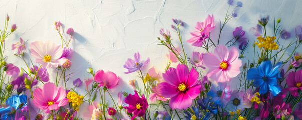 Spring floral background with colorful flowers in bright pastel colors. Aesthetic composition for springtime. - obrazy, fototapety, plakaty