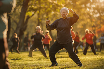 Fototapeta premium Tai Chi Group Practice at Sunrise in Park