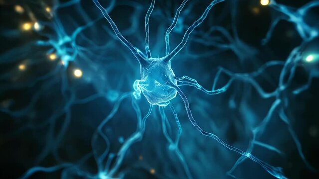 Blue glowing image representing electrical activity at the synapse of neuron cells
