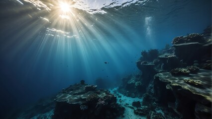 Fototapeta na wymiar Underwater ocean blue deep abyss with sunlight - ad concept for diving and scuba background from Generative AI