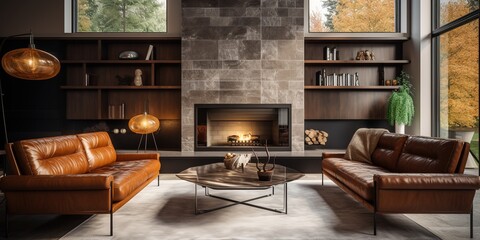 Mid-century style home interior design of modern living room. Brown leather sofa and chairs in room with fireplace. - obrazy, fototapety, plakaty
