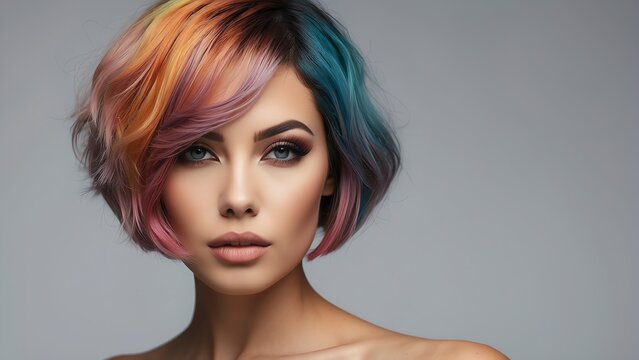 Beautiful portrait of sensual woman with bob short colorful hair for make up cosmetics ad concept, plain background from Generative AI