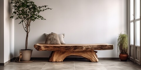 Rustic wooden bench made from tree trunk in spacious hallway. Minimalist home interior design of modern entrance hall with door.
