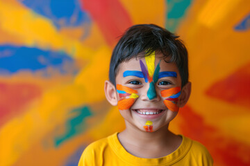lovely smiling adorable kid with paintings on his face. Little boy with makeup painting on his face. Happy painting. Positive kid with arts on his body