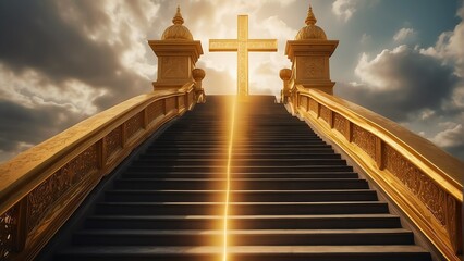 Glorious golden stairway to heaven, gates of heaven, symbol of Christianity concept from Generative AI - obrazy, fototapety, plakaty