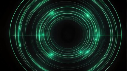 Green neon lights circular orbits on plain black background from Generative AI
