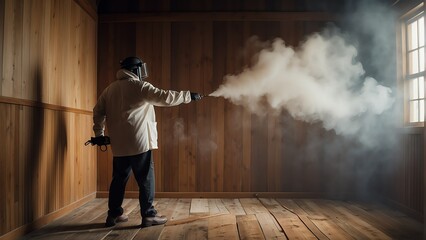 Man sprays steam onto a wooden walls to destroy bedbugs from Generative AI