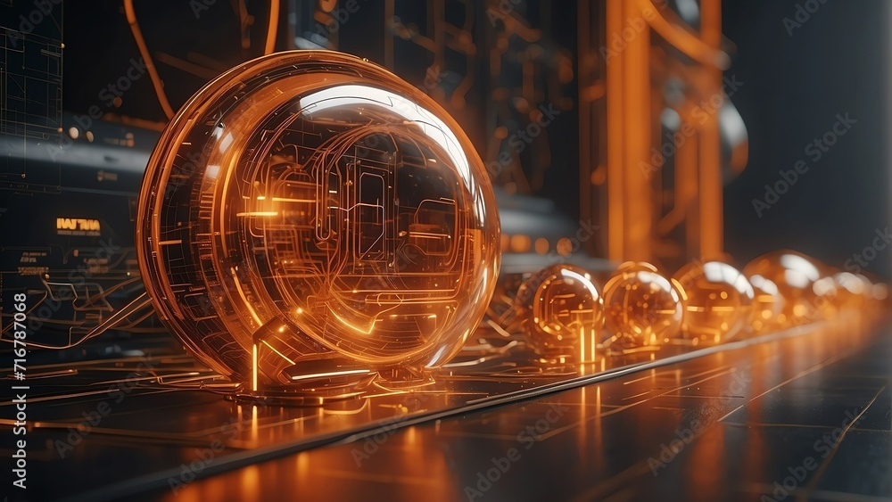 Poster orange abstract cyber technology in digital space ,energy pathways fusion of internet and metaverse 