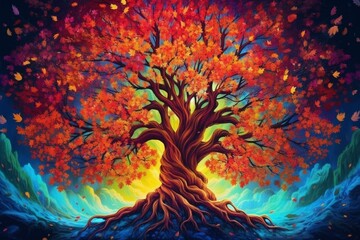 Illustration depicting a vibrant tree symbolizing the cycle of life. Generative AI - obrazy, fototapety, plakaty