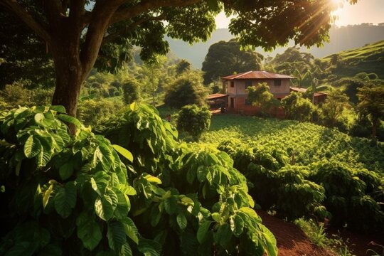A beautiful, idyllic coffee farm with vibrant green coffee plants and ripe cherries, set in a sunlit landscape. Generative AI