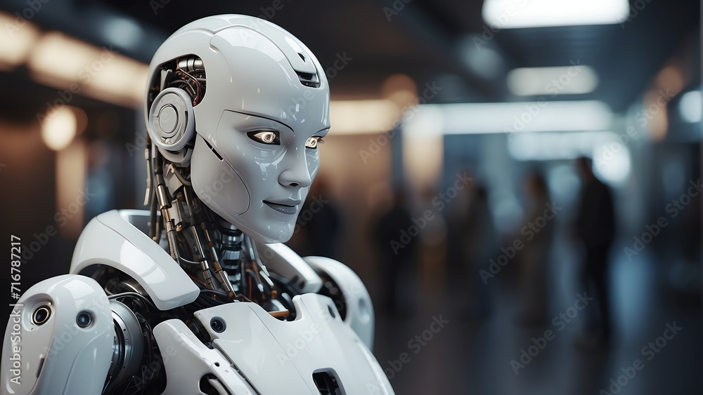 Poster portrait of a smiling white humanoid robot looking at the camera on abstract technology concept back