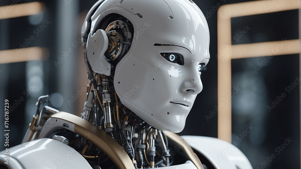 Poster portrait of a smiling white humanoid robot looking at the camera on abstract technology concept back