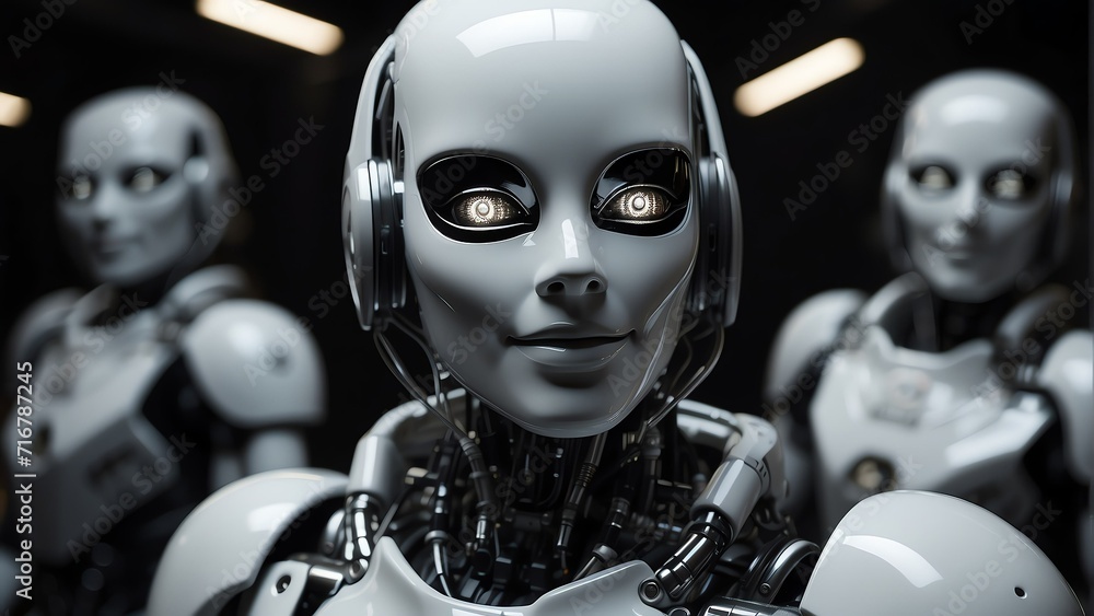 Poster portrait of a smiling white humanoid robot looking at the camera on plain black background from gene