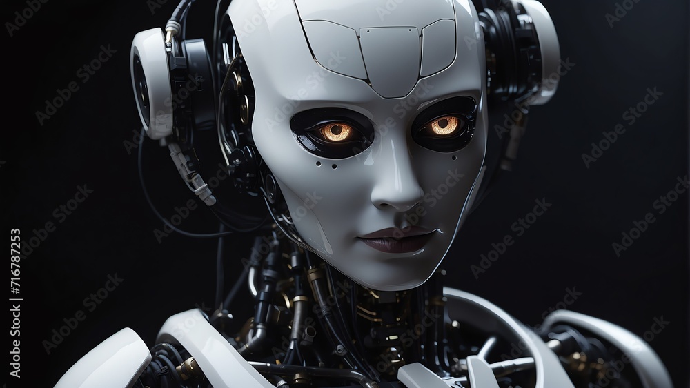 Poster portrait of a white humanoid robot looking at the camera on plain dark empty black background from g