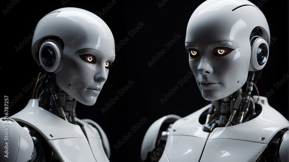 Poster portrait of a white humanoid robot looking at the camera on plain dark empty black background from g
