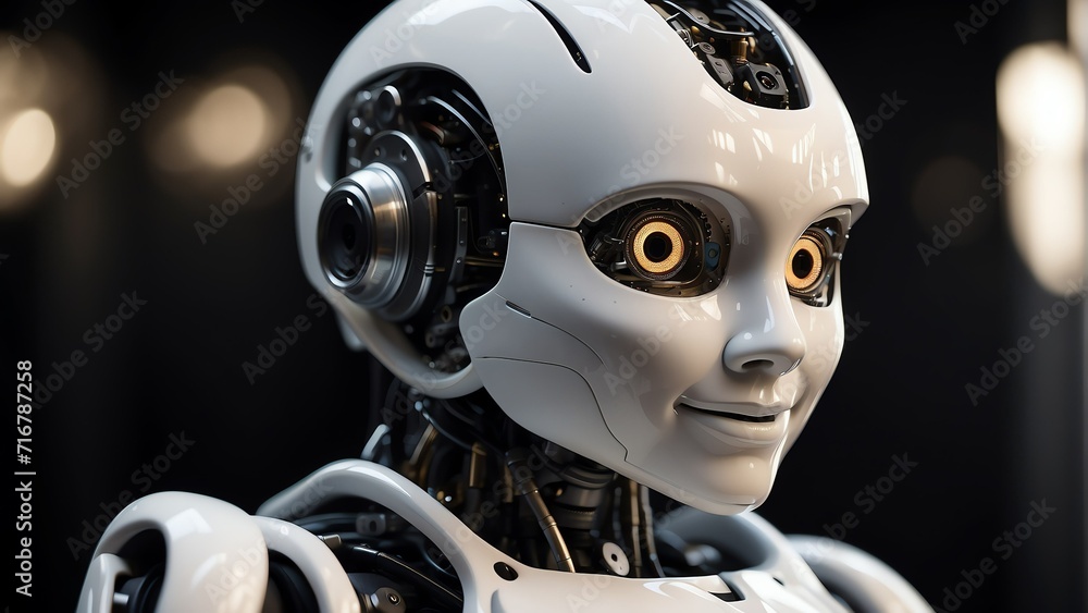 Poster portrait of a smiling white humanoid robot looking at the camera on plain black background from gene