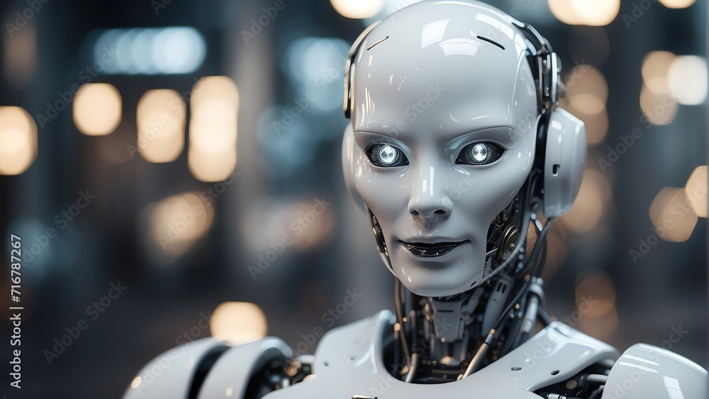 Poster portrait of a smiling white humanoid robot looking at the camera on abstract technology concept back