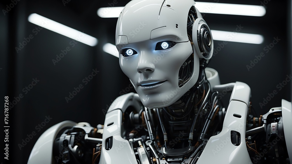 Poster portrait of a smiling white humanoid robot looking at the camera on plain black background from gene