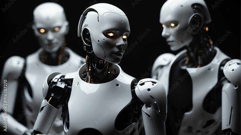 Poster portrait of a white humanoid robot on plain black background from generative ai
