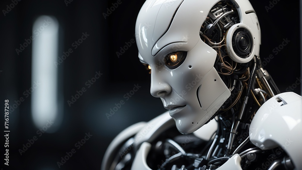 Aufkleber portrait of a white humanoid robot on plain black background from generative ai