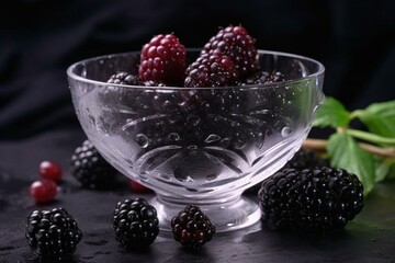 Fresh blackberries on a white plate, with juicy ripe berries in a glass bowl covered in dew drops. Represents sweet and delicious fruit. Generative AI