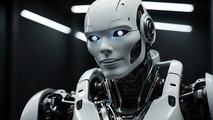 Portrait of a smiling white humanoid robot looking at the camera on plain black background from Generative AI