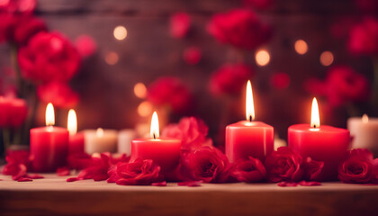 Obraz na płótnie Canvas Red candles background on wooden table surrounded with red flowers.