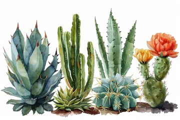 Watercolor flower cactus plants and cactus pots cartoon set illustration on white background