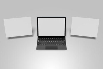 Modern tablet mockup with keyboard casing with screen divided into three