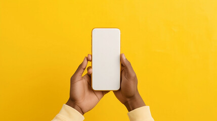 Fototapeta na wymiar Aerial view of a yellow background; the image features a person's arm holding a cellphone with a white screen. 