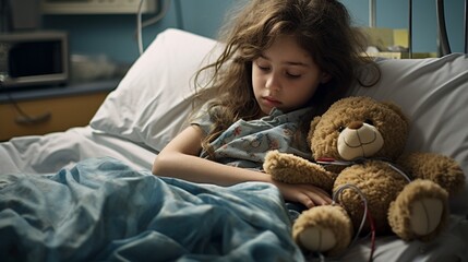 niña ingresada en la cama de un hospital sosteniendo un muñeco de peluche y un paquete regalo en...