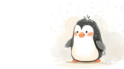 Obraz premium Cute little penguin standing in the snow in pastel cartoon style.