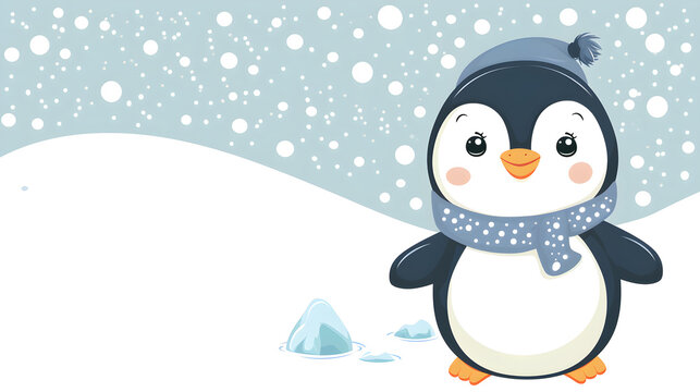 Cute little penguin standing in the snow in pastel cartoon style.