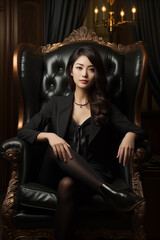 Asian female business portrait, eye catching and elegant, sitting in an armchair. AI Generative.