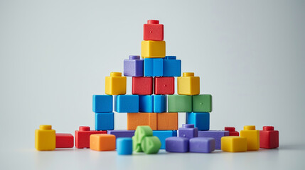 Obraz premium Vivid construction scene unfolds with colorful building blocks—tall tower rises, halfway completed. Dispersed blocks hint at the project's potential on a clean white backdrop.