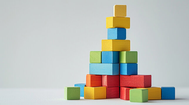 Vivid construction scene unfolds with colorful building blocks—tall tower rises, halfway completed. Dispersed blocks hint at the project's potential on a clean white backdrop.
