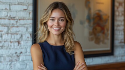 Fototapeta premium Portrait of a smiling woman in a sleeveless navy dress, standing in front of a white brick wall. 