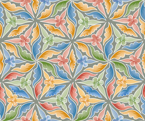 ДаНет
Floral ornamental pattern. Flowers and leaves background in ancient russian style. Seamless flourish in medieval european interior decoration style.

