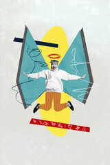 Vertical collage picture illustration image monochrome effect excited amazed happy young woman jump...