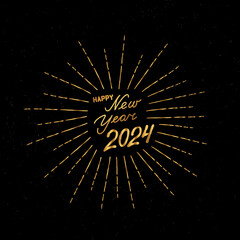 Happy New Year holiday background. Winter Christmas grunge greeting card design with firework rays. Doodle Greeting Card with handwritten Lettering HAPPY NEW YEAR 2024 - 716789877