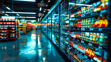 Supermarket Aisles: Blurred View of Shelves and Products in a Retail Store - obrazy, fototapety, plakaty