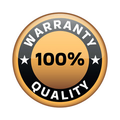 The badge is in the form of a golden circle with a black round frame and an inscription about 100% guarantee and quality