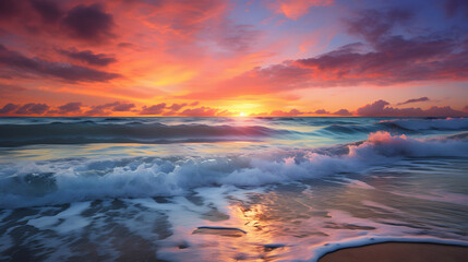 beautiful view on the beach with waves and sunset