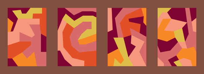Set of warm colored abstract flat vector illustrations with irregular geometric shapes
