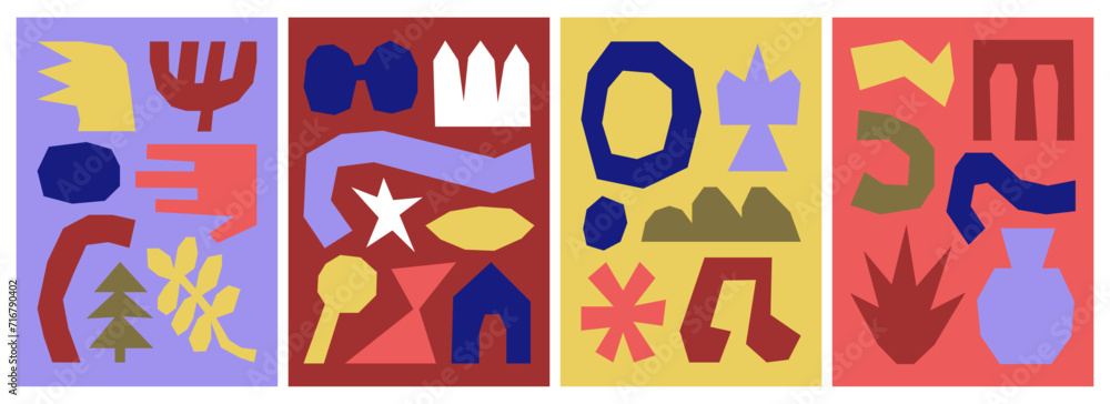 Wall mural set of colorful abstract compositions with organic doodles elements