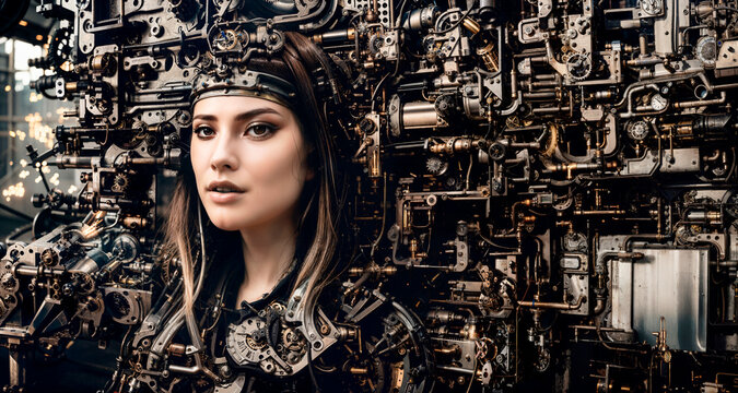 Close-up image of a woman with mechanical body parts against a background of mechanical parts in steampunk style